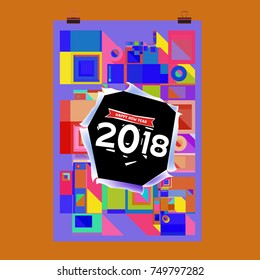 New Year 2018 Calendar Cover Template. Calendar and Poster Design with Colorful Memphis Style background.