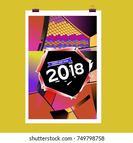 New Year 2018 Calendar Cover Template. Calendar and Poster Design with Colorful Memphis Style background.