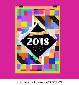 New Year 2018 Calendar Cover Template. Calendar and Poster Design with Colorful Memphis Style background.
