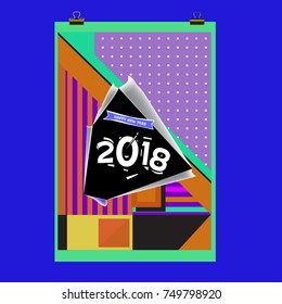 New Year 2018 Calendar Cover Template. Calendar and Poster Design with Colorful Memphis Style background.