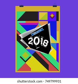 New Year 2018 Calendar Cover Template. Calendar and Poster Design with Colorful Memphis Style background.