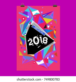 New Year 2018 Calendar Cover Template. Calendar and Poster Design with Colorful Memphis Style background.