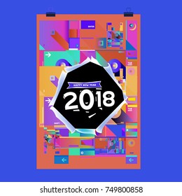 New Year 2018 Calendar Cover Template. Calendar and Poster Design with Colorful Memphis Style background.