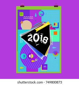 New Year 2018 Calendar Cover Template. Calendar and Poster Design with Colorful Memphis Style background.