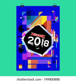New Year 2018 Calendar Cover Template. Calendar and Poster Design with Colorful Memphis Style background.