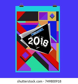 New Year 2018 Calendar Cover Template. Calendar and Poster Design with Colorful Memphis Style background.