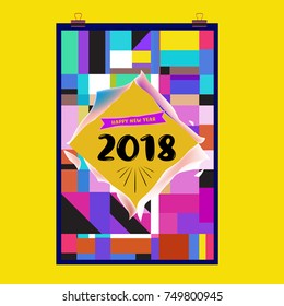 New Year 2018 Calendar Cover Template. Calendar and Poster Design with Colorful Memphis Style background.