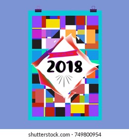 New Year 2018 Calendar Cover Template. Calendar and Poster Design with Colorful Memphis Style background.