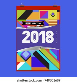 New Year 2018 Calendar Cover Template. Calendar and Poster Design with Colorful Memphis Style background.