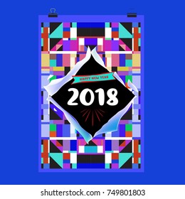New Year 2018 Calendar Cover Template. Calendar and Poster Design with Colorful Memphis Style background.