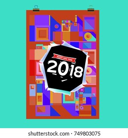 New Year 2018 Calendar Cover Template. Calendar and Poster Design with Colorful Memphis Style background.