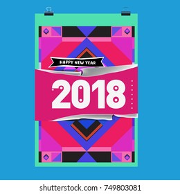 New Year 2018 Calendar Cover Template. Calendar and Poster Design with Colorful Memphis Style background.