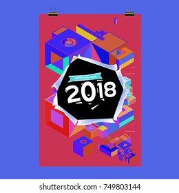 New Year 2018 Calendar Cover Template. Calendar and Poster Design with Colorful Memphis Style background.