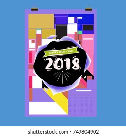 New Year 2018 Calendar Cover Template. Calendar and Poster Design with Colorful Memphis Style background.