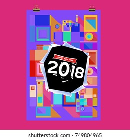 New Year 2018 Calendar Cover Template. Calendar and Poster Design with Colorful Memphis Style background.