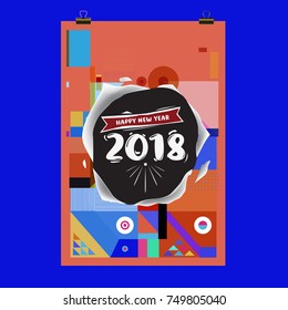 New Year 2018 Calendar Cover Template. Calendar and Poster Design with Colorful Memphis Style background.