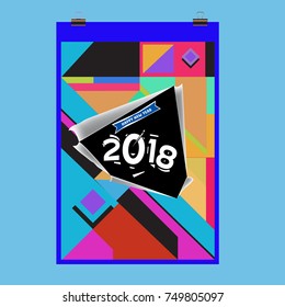 New Year 2018 Calendar Cover Template. Calendar and Poster Design with Colorful Memphis Style background.