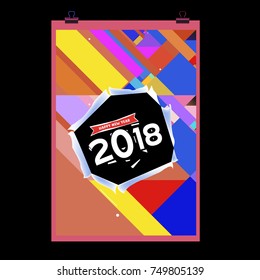 New Year 2018 Calendar Cover Template. Calendar and Poster Design with Colorful Memphis Style background.