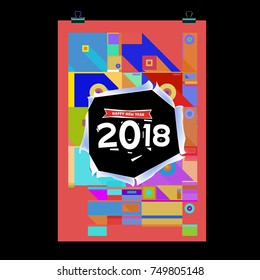 New Year 2018 Calendar Cover Template. Calendar and Poster Design with Colorful Memphis Style background.