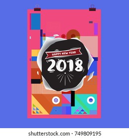 New Year 2018 Calendar Cover Template. Calendar and Poster Design with Colorful Memphis Style background.