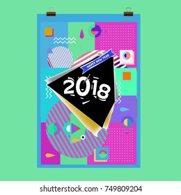 New Year 2018 Calendar Cover Template. Calendar and Poster Design with Colorful Memphis Style background.