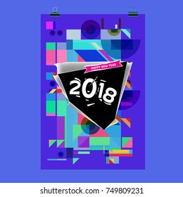 New Year 2018 Calendar Cover Template. Calendar and Poster Design with Colorful Memphis Style background.