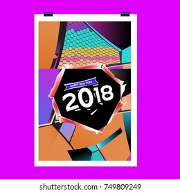 New Year 2018 Calendar Cover Template. Calendar and Poster Design with Colorful Memphis Style background.