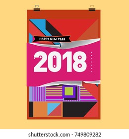 New Year 2018 Calendar Cover Template. Calendar and Poster Design with Colorful Memphis Style background.