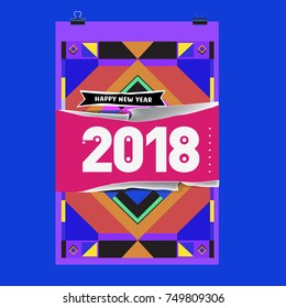 New Year 2018 Calendar Cover Template. Calendar and Poster Design with Colorful Memphis Style background.