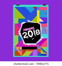 New Year 2018 Calendar Cover Template. Calendar and Poster Design with Colorful Memphis Style background.