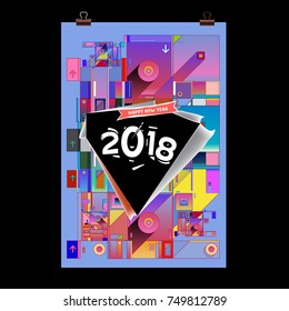 New Year 2018 Calendar Cover Template. Calendar and Poster Design with Colorful Memphis Style background.