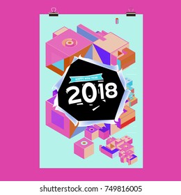 New Year 2018 Calendar Cover Template. Calendar and Poster Design with Colorful Memphis Style background.