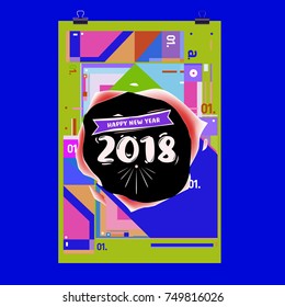 New Year 2018 Calendar Cover Template. Calendar and Poster Design with Colorful Memphis Style background.