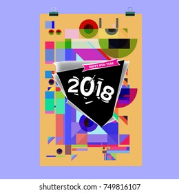 New Year 2018 Calendar Cover Template. Calendar and Poster Design with Colorful Memphis Style background.