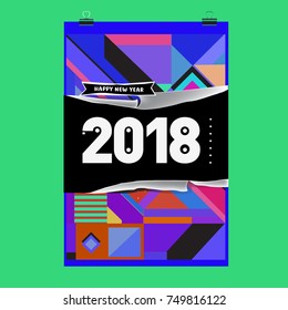 New Year 2018 Calendar Cover Template. Calendar and Poster Design with Colorful Memphis Style background.