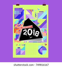 New Year 2018 Calendar Cover Template. Calendar and Poster Design with Colorful Memphis Style background.