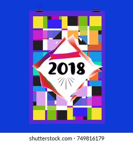 New Year 2018 Calendar Cover Template. Calendar and Poster Design with Colorful Memphis Style background.