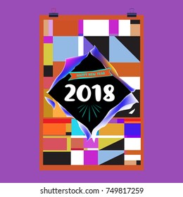 New Year 2018 Calendar Cover Template. Calendar and Poster Design with Colorful Memphis Style background.