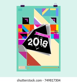 New Year 2018 Calendar Cover Template. Calendar and Poster Design with Colorful Memphis Style background.