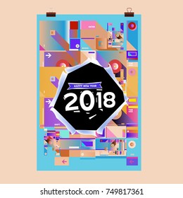New Year 2018 Calendar Cover Template. Calendar and Poster Design with Colorful Memphis Style background.