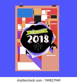 New Year 2018 Calendar Cover Template. Calendar and Poster Design with Colorful Memphis Style background.