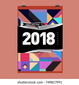 New Year 2018 Calendar Cover Template. Calendar and Poster Design with Colorful Memphis Style background.
