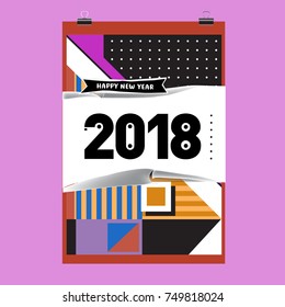New Year 2018 Calendar Cover Template. Calendar and Poster Design with Colorful Memphis Style background.
