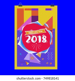 New Year 2018 Calendar Cover Template. Calendar and Poster Design with Colorful Memphis Style background.