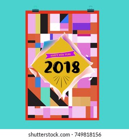New Year 2018 Calendar Cover Template. Calendar and Poster Design with Colorful Memphis Style background.