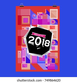 New Year 2018 Calendar Cover Template. Calendar and Poster Design with Colorful Memphis Style background.