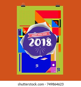 New Year 2018 Calendar Cover Template. Calendar and Poster Design with Colorful Memphis Style background.