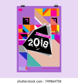 New Year 2018 Calendar Cover Template. Calendar and Poster Design with Colorful Memphis Style background.