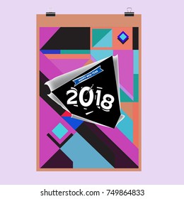 New Year 2018 Calendar Cover Template. Calendar and Poster Design with Colorful Memphis Style background.