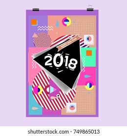 New Year 2018 Calendar Cover Template. Calendar and Poster Design with Colorful Memphis Style background.